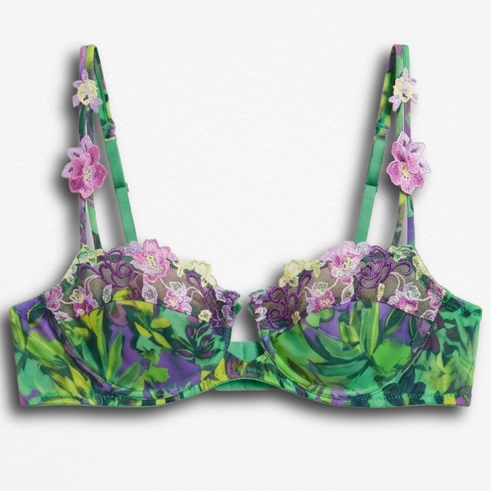 Lise Charmel Green Purple Floral Embroidered Demi Bra Tropical Print Applique